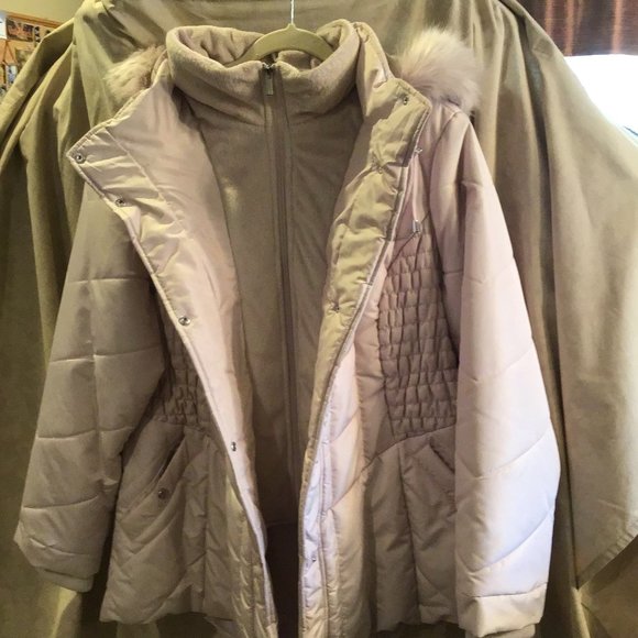 SUSAN GRAVER Lt. Pink Puff Parka/Jacket Detachable Fur Lined Hood Zip/Snap SZ 1X - Picture 2 of 10